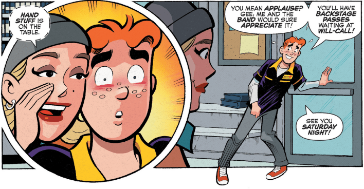 A comic panel where a blond girl tells redheaded Archie that "Hand stuff is on the table"